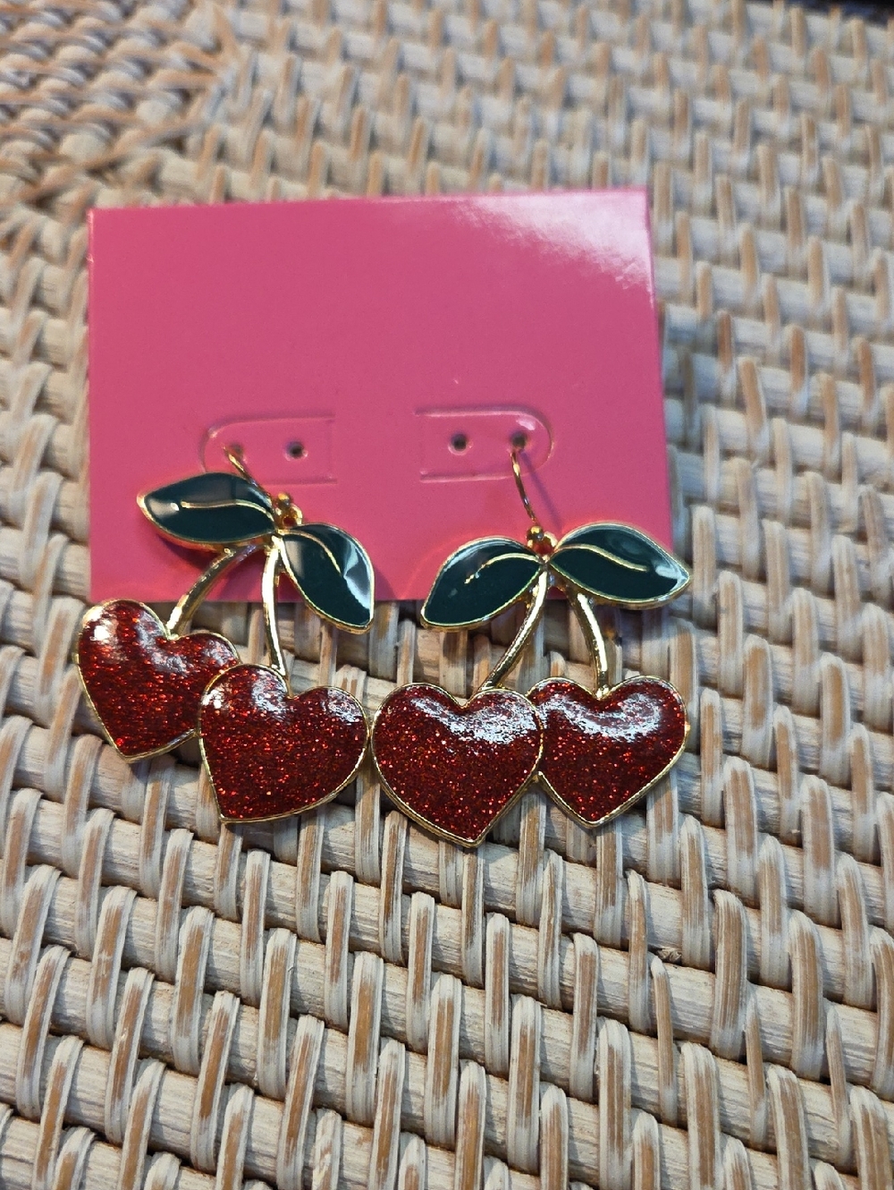 Red Glitter Cherry Drop Earrings with Green Leaves